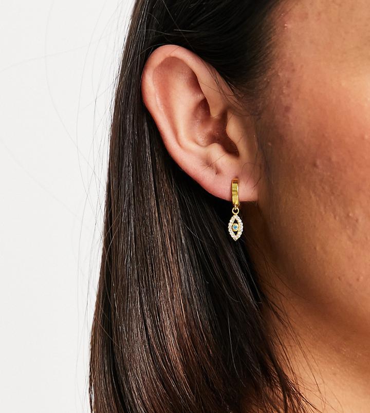 Reclaimed Vintage Inspired Huggie Hoop Drop Earrings With Blue Rhinestone Eyes In Gold Plated Sterling Silver