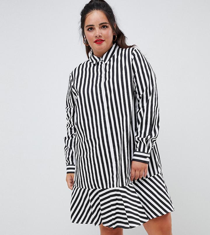 Asos Design Curve Mini Shirt Dress With Pep Hem In Stripe - Multi