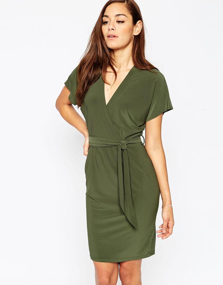 Asos Wrap Dress In Crepe - Green