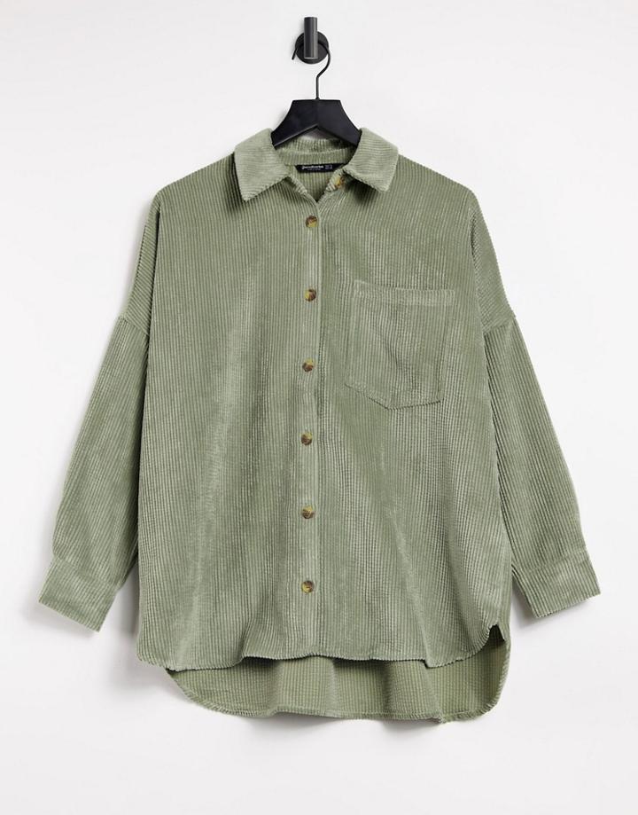 Stradivarius Corduroy Overshirt In Khaki-green