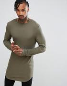 Asos Super Longline Muscle Long Sleeve Rib T-shirt With Curved Hem In Khaki - Green