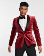 Asos Design Super Skinny Velvet Blazer With Contrast Lapel In Burgundy-red