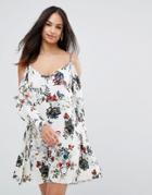 Ax Paris Cream Long Sleeved Floral Printed Cold Shoulder Dress - Cream