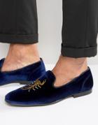 Asos Loafers In Navy Velvet With Scorpian Embroidery - Navy
