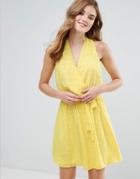 Lavand Wrap Front Belted Textured Midi Dress - Yellow