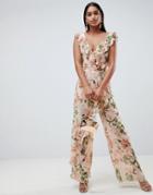 Asos Design Jumpsuit In Crinkle Chiffon With Ruffle Detail And Floral Print - Multi