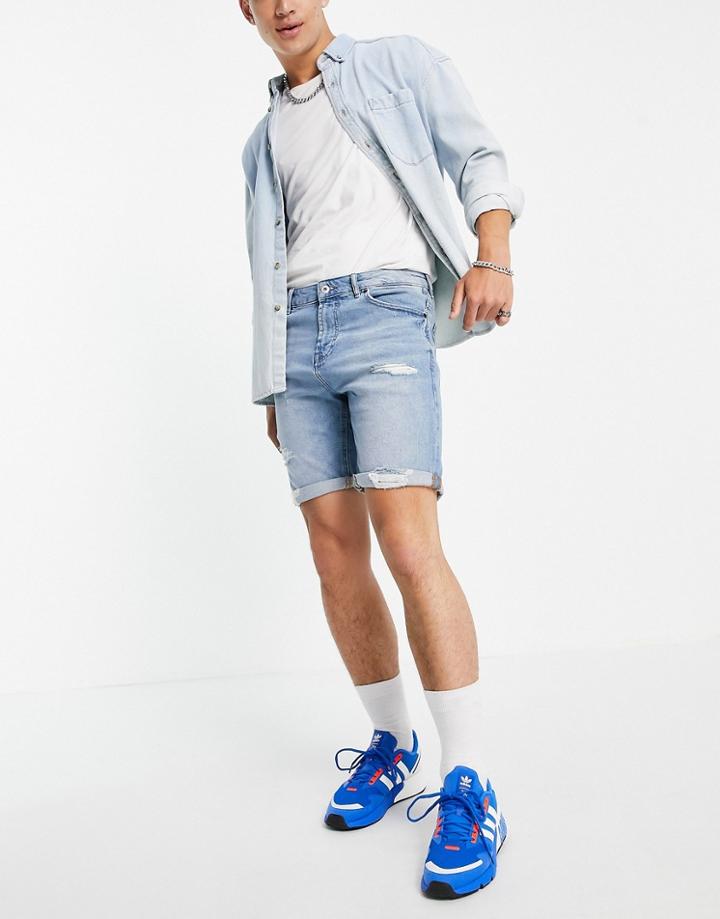 Pull & Bear Slim Fit Denim Shorts With Rips In Blue-blues