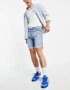 Pull & Bear Slim Fit Denim Shorts With Rips In Blue-blues