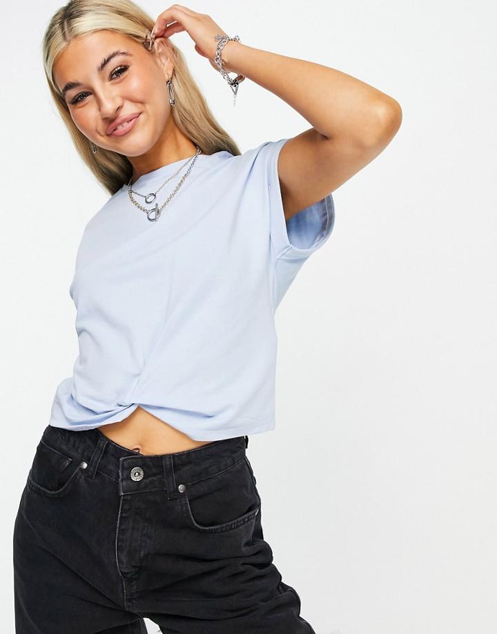 Only Organic Cotton Cropped T-shirt With Twist Front In Blue-blues
