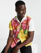 Topman Linen Shirt With Floral Design In Yellow And White-multi