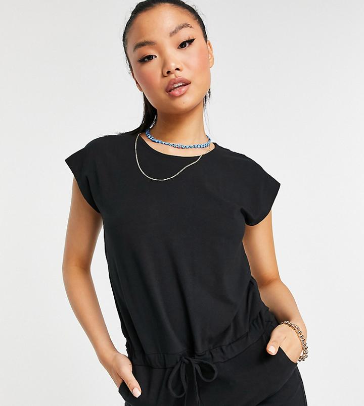 Noisy May Petite Organic Cotton Jersey Romper With Drawstring Waist In Black