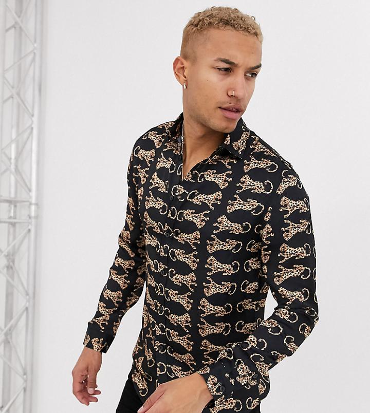 Hermano Long Sleeve Shirt In Dark Navy With Leopard Print