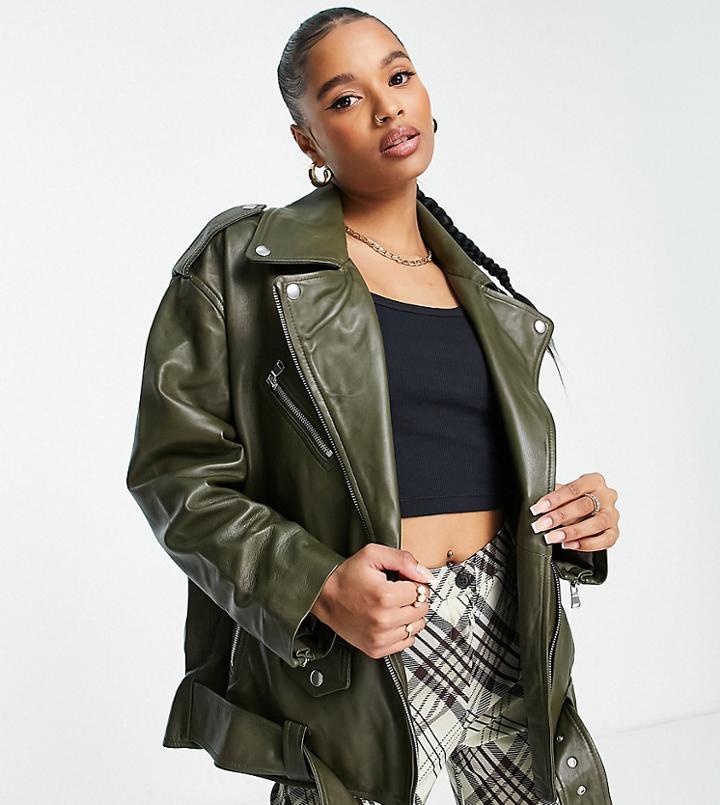 Asos Design Petite Leather Jacket In Khaki-green