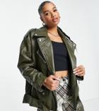 Asos Design Petite Leather Jacket In Khaki-green