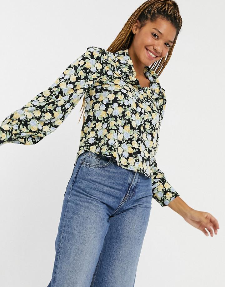 Monki Nala Recycled Floral Print Blouse In Black Floral Print
