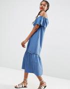 Asos Denim Maxi Dress With Off Shoulder And Ruffle Hem - Midwash Blue