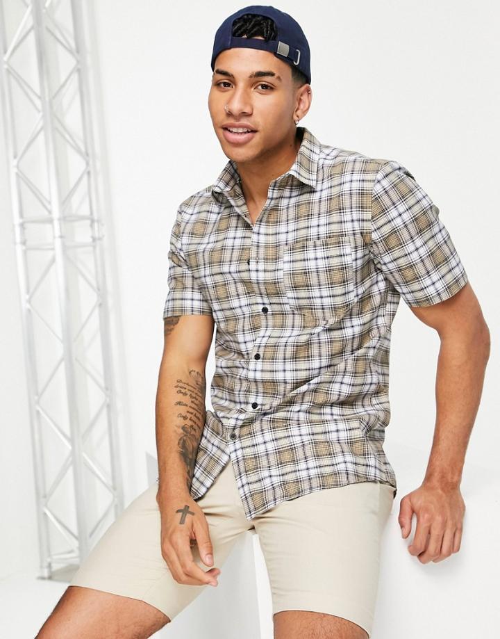 River Island Short Sleeve Slim Check Shirt In Stone-neutral