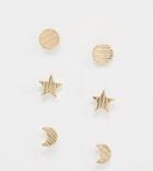 Nylon Multipack Stud Earrings In Moon And Star - Gold