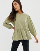 Asos Design Smock Top In Wash With Blouson Sleeve Detail - Brown