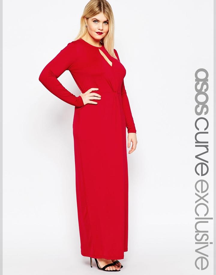 Asos Curve Slinky Deep Plunge Maxi Dress - Red