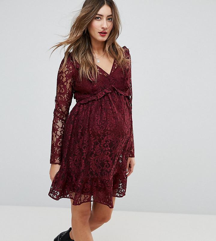 Asos Maternity Lace Smock Mini Dress With Ruffles-red