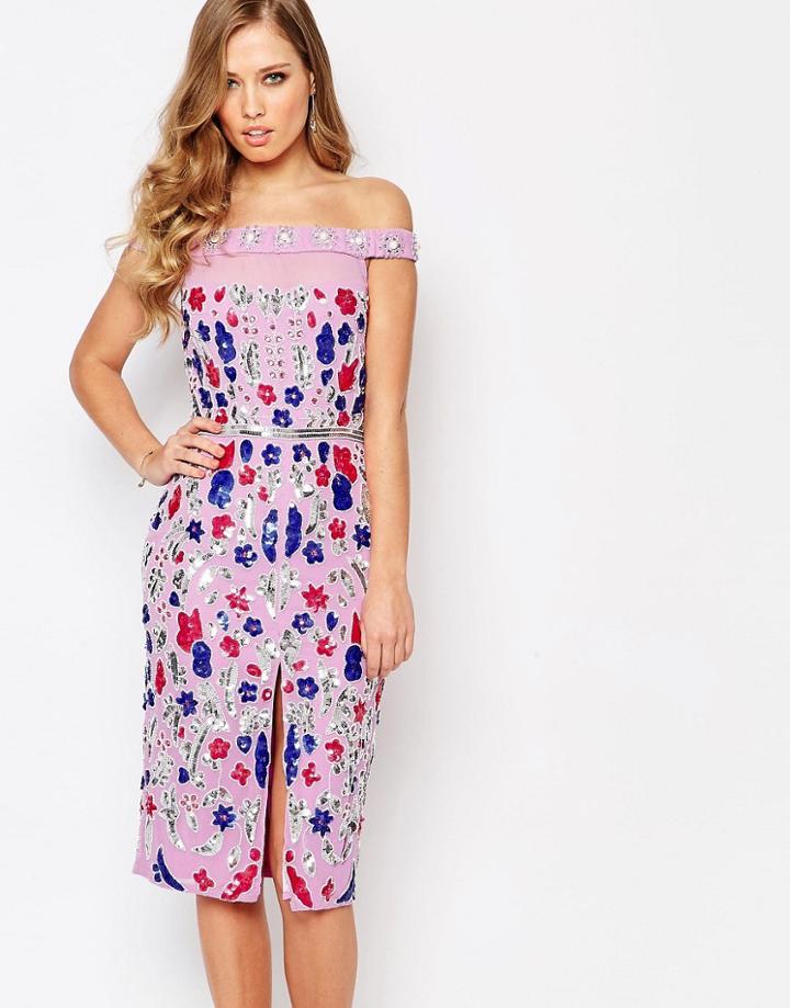 Virgos Lounge Maise Embellished Bardot Midi Dress With Split Front - Lilac