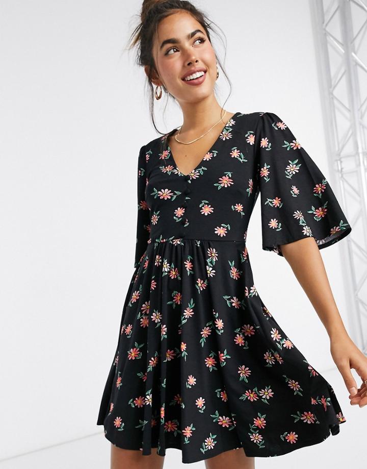 Asos Design Mini Swing Dress In Black Floral Print