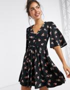 Asos Design Mini Swing Dress In Black Floral Print
