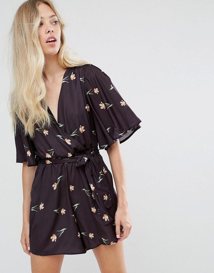 Oh My Love Printed Kimono Romper With Waist Tie - Multi