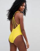 Asos Strappy Ring Back Swimsuit - Yellow
