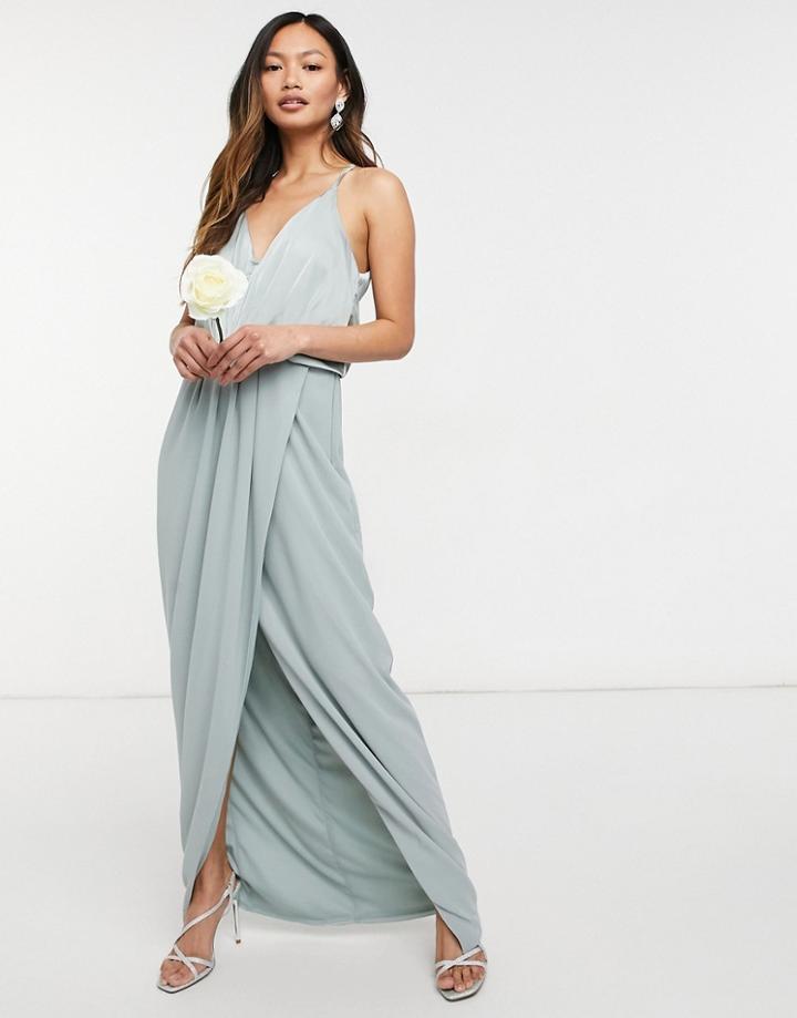 Tfnc Bridesmaid Satin Halterneck Top Maxi Dress In Sage-green