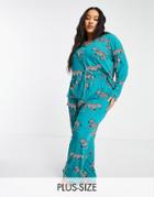 Chelsea Peers Curve Jersey Revere Top And Trouser Pyjama Set In Turquoise Zebra - Turquoise-blues