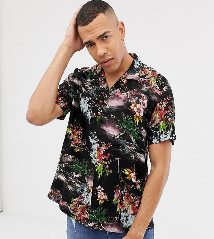 Asos Design Tall Relaxed Painted Style Floral Shirt In Black - Black