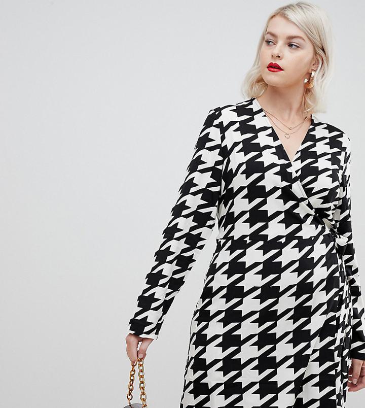Unique21 Hero Houndstooth Wrap Front Long Sleeve Dress - Multi