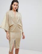 Flounce London Wrap Front Kimono Midi Dress In Gold - Gold
