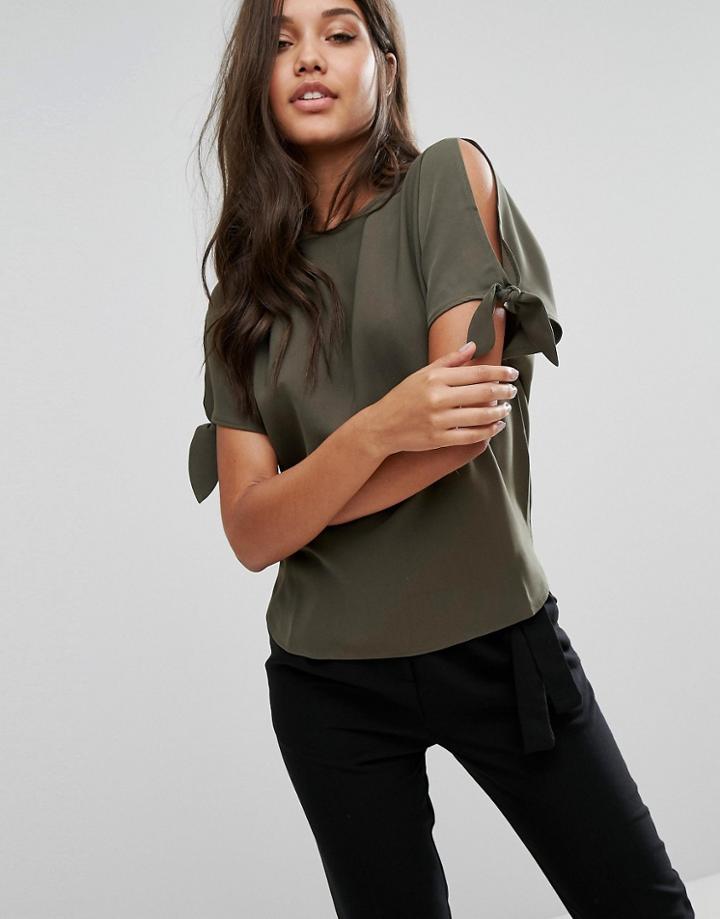 Lipsy Tie Cold Shoulder Top - Green