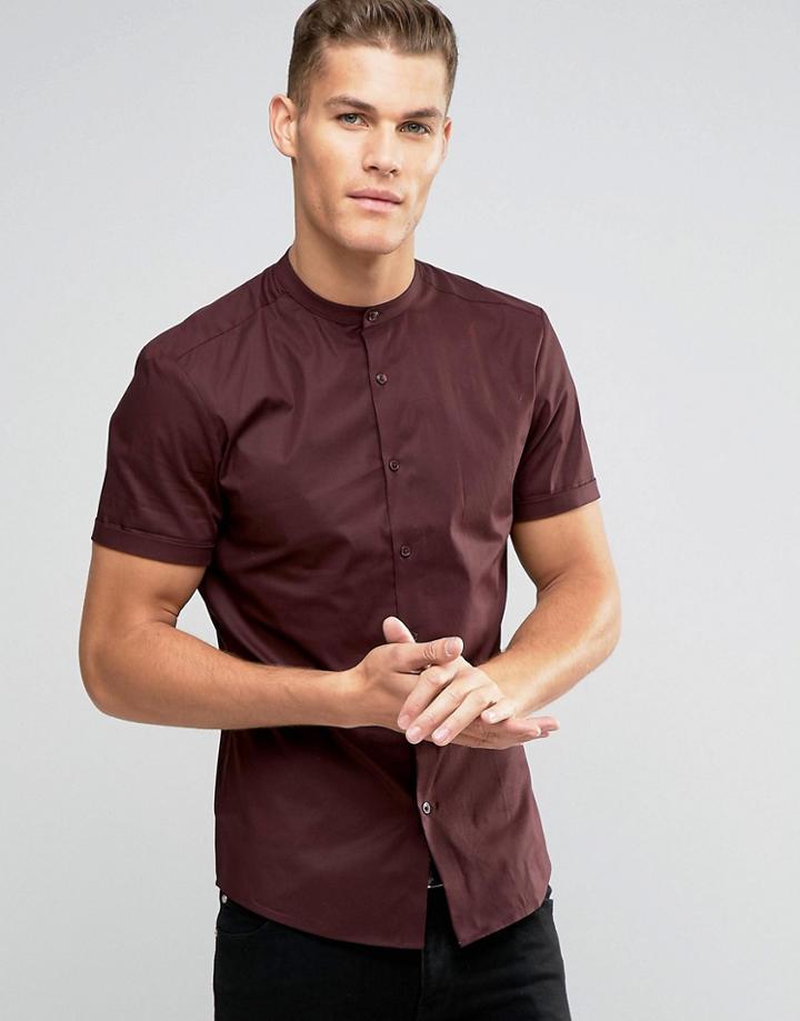 Asos Skinny Shirt In Burgundy With Grandad Collar - Red