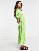 Neon Rose Midi Tea Dress With Puff Sleeves And Split Front In Bright Floral-green