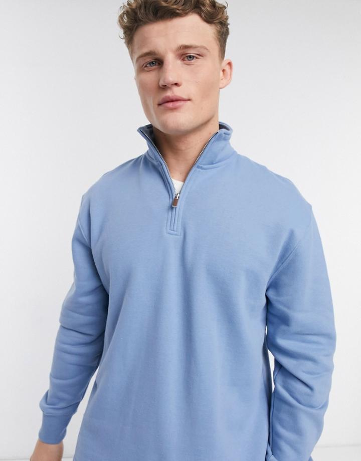 Topman Quarter Zip Sweatshirt In Blue-blues