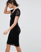 City Goddess V Neck Capped Sleeve Lace Dress - Black