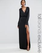 Ttya Black Heather Long Sleeve Wrap Front Maxi Dress With Thigh Split