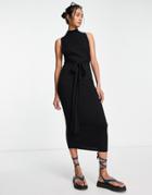 Asos Design Ribbed Wrap Around Detail Maxi Dress In Black