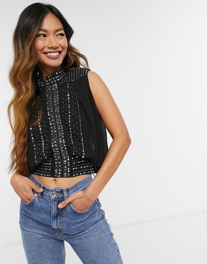 Asos Design Embellished Sleeveless Top With Shoulder Detail In Black