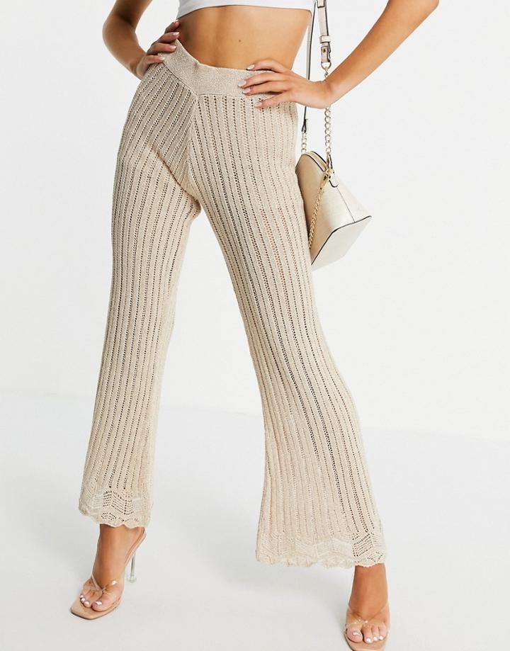 River Island Crochet Knit Wide Leg Pants Set In Gold