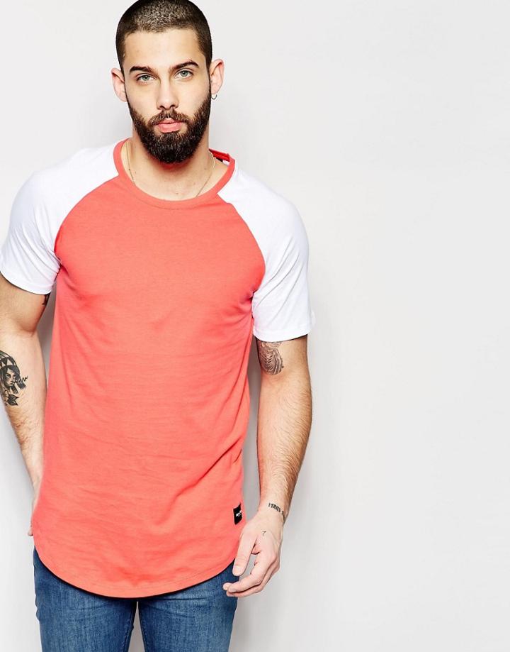 Only & Sons Longline T-shirt With Contrast Raglan Sleeves - White