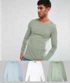 Asos 3 Pack Extreme Muscle Fit Long Sleeve T-shirt With Boat Neck Save - Multi