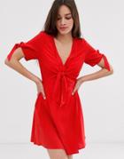 Asos Design Double Wrap Front Mini Skater Dress With Tie Sleeves - Red