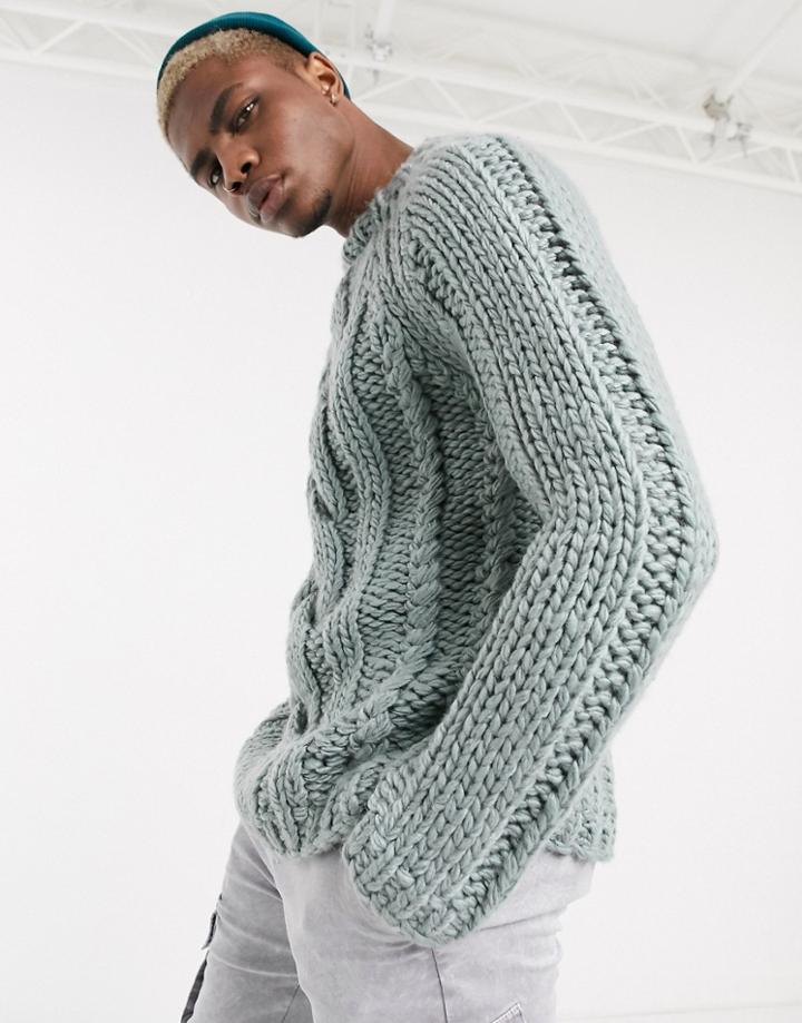 Asos Design Heavyweight Hand Knitted Cable Turtleneck Sweater In Silver Blue
