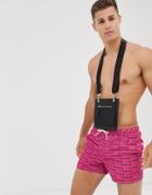 Asos Design Swim Shorts With Summer Slogan Print In Short Length - Red