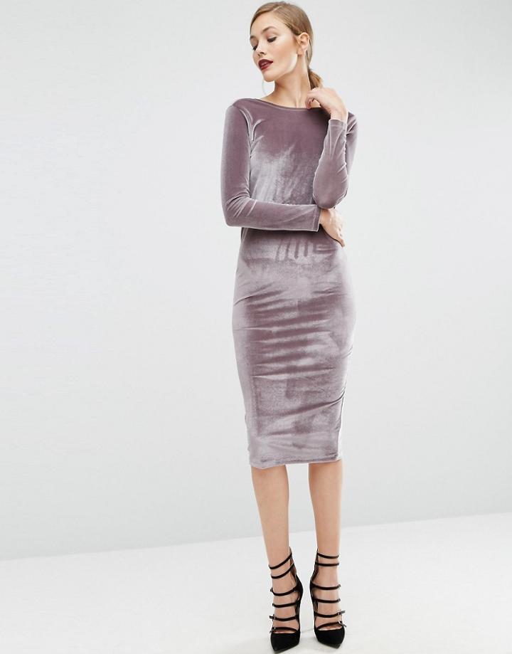 Asos Long Sleeve Velvet Wrap Back Midi Dress - Gray